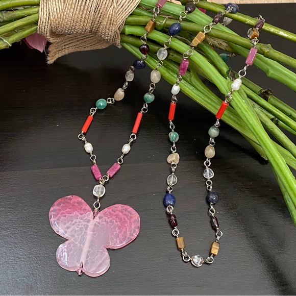 Handmade Pink Butterfly Pendant Genuine Stones Beaded Long Necklace - Picture 1 of 11